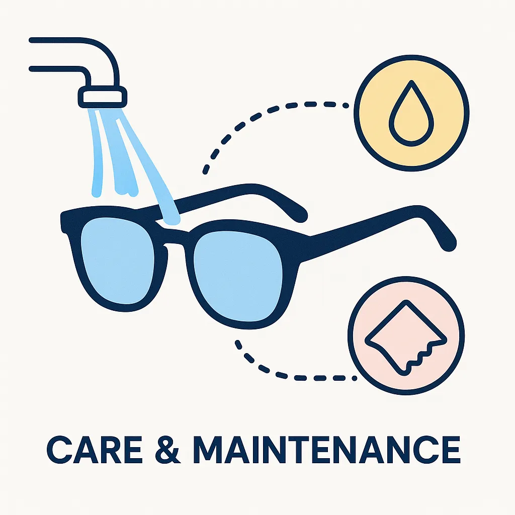 Care and maintenance flow showing rinsing sunglasses, drying with microfiber and avoiding heat.