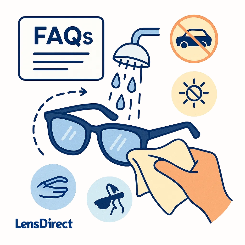 FAQs board with Q and A speech bubbles and icons of sunglasses and lists.