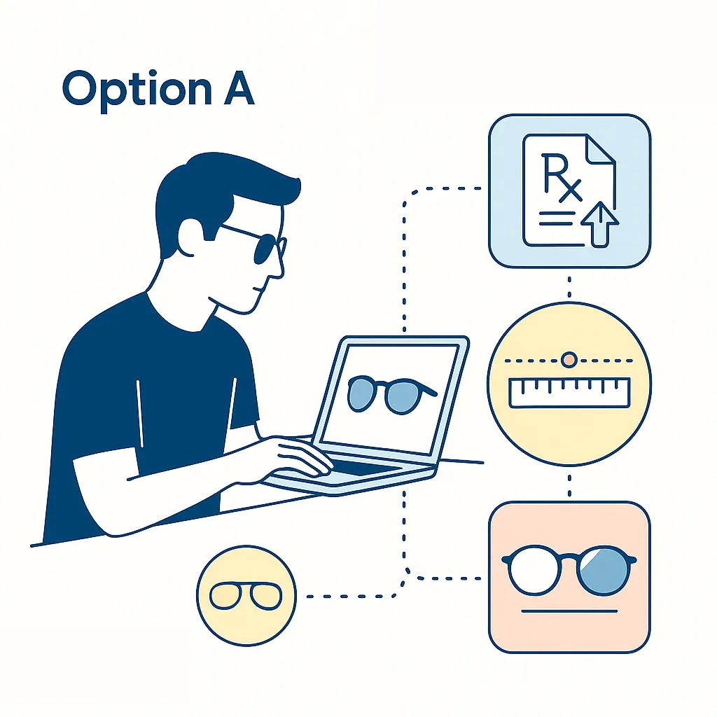 Illustration showing a person choosing new frames online, uploading prescription, measuring PD and selecting lens types.