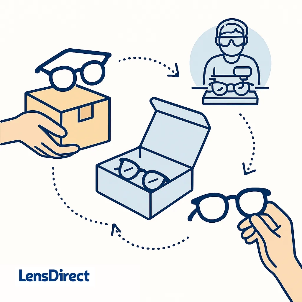Graphic of sending frames by mail for lens replacement and receiving refreshed prescription sunglasses.