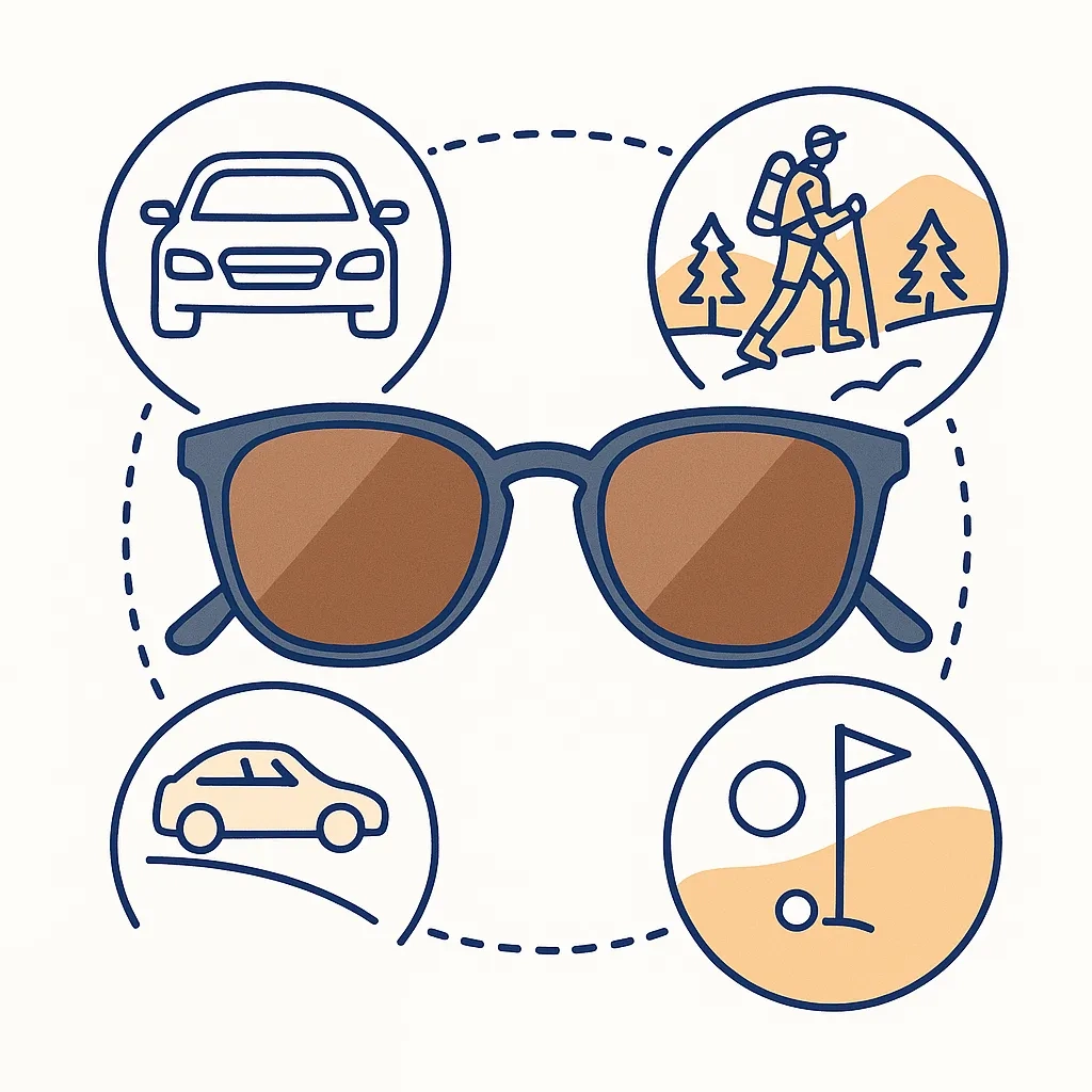 Split illustration comparing polarized and non polarized lenses with filter lines cutting glare.