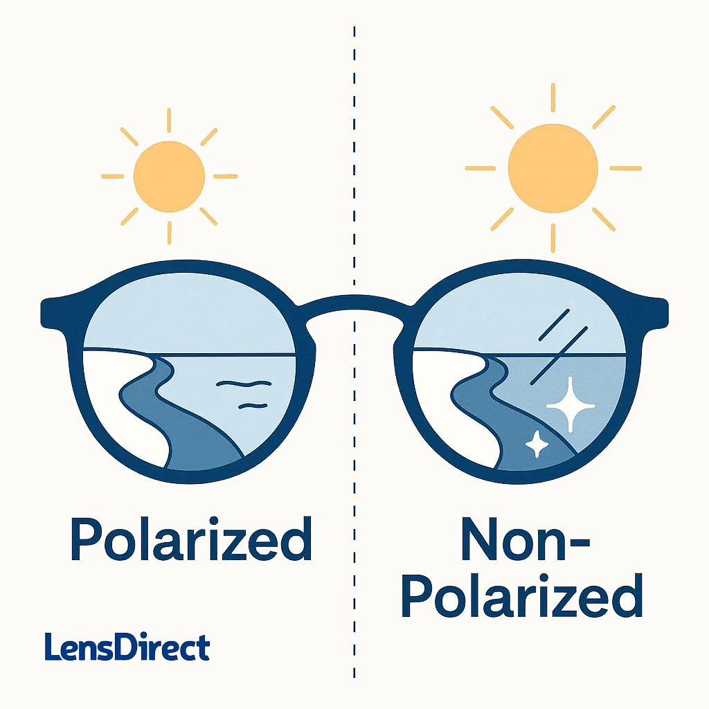 Graphic of gray tinted lenses with icons for sun, car and beach representing bright sun usage.
