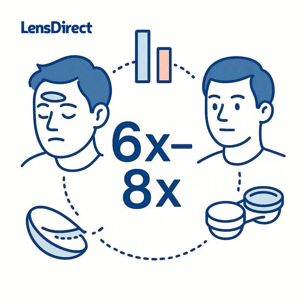 Split‑screen infographic comparing sleeping in contact lenses vs. removing them nightly, highlighting a six‑ to eight‑fold increase in infection risk.