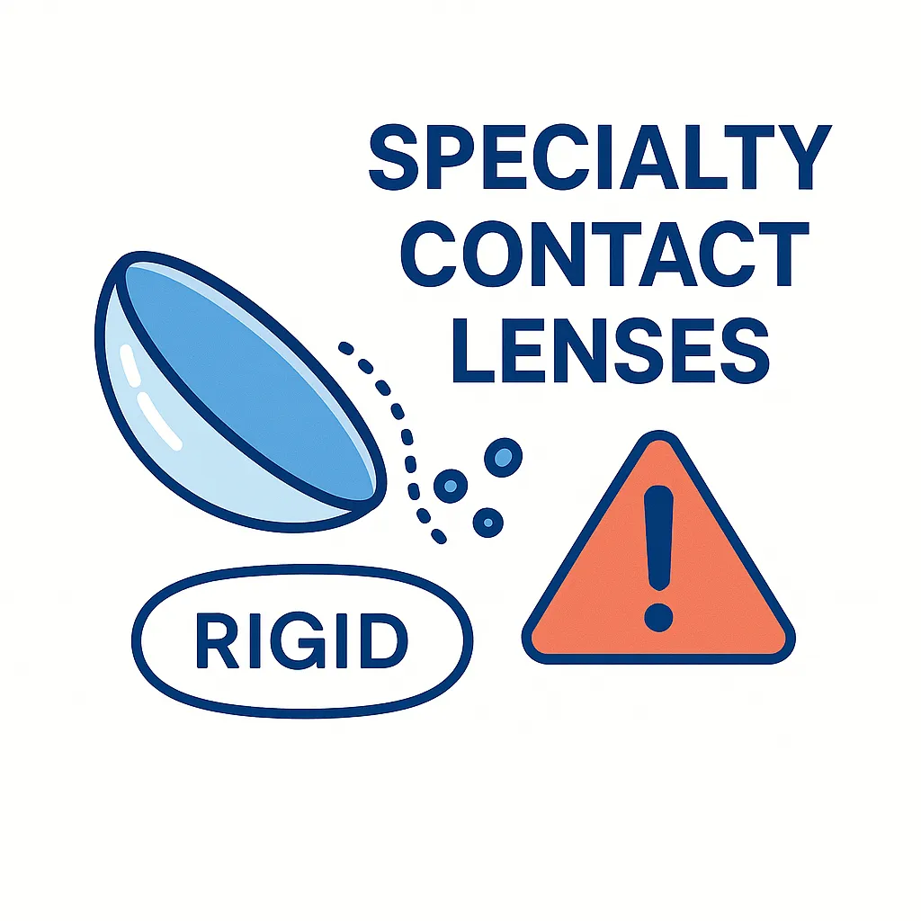 Illustration of a rigid specialty contact lens next to a hazard warning to caution wearers about increased risk.