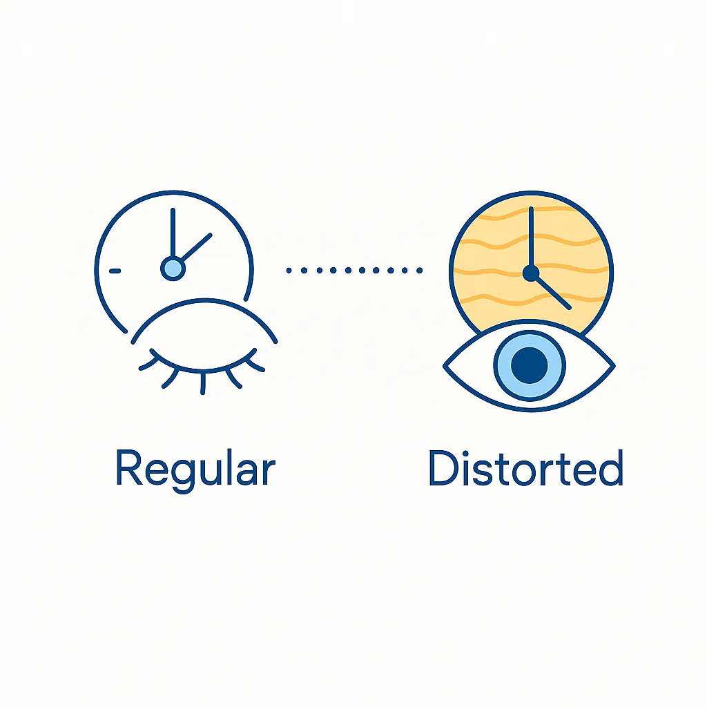 Graphic comparing a regular eye with a distorted eye clock representing how Ortho‑K lenses reshape the cornea overnight and require professional oversight.