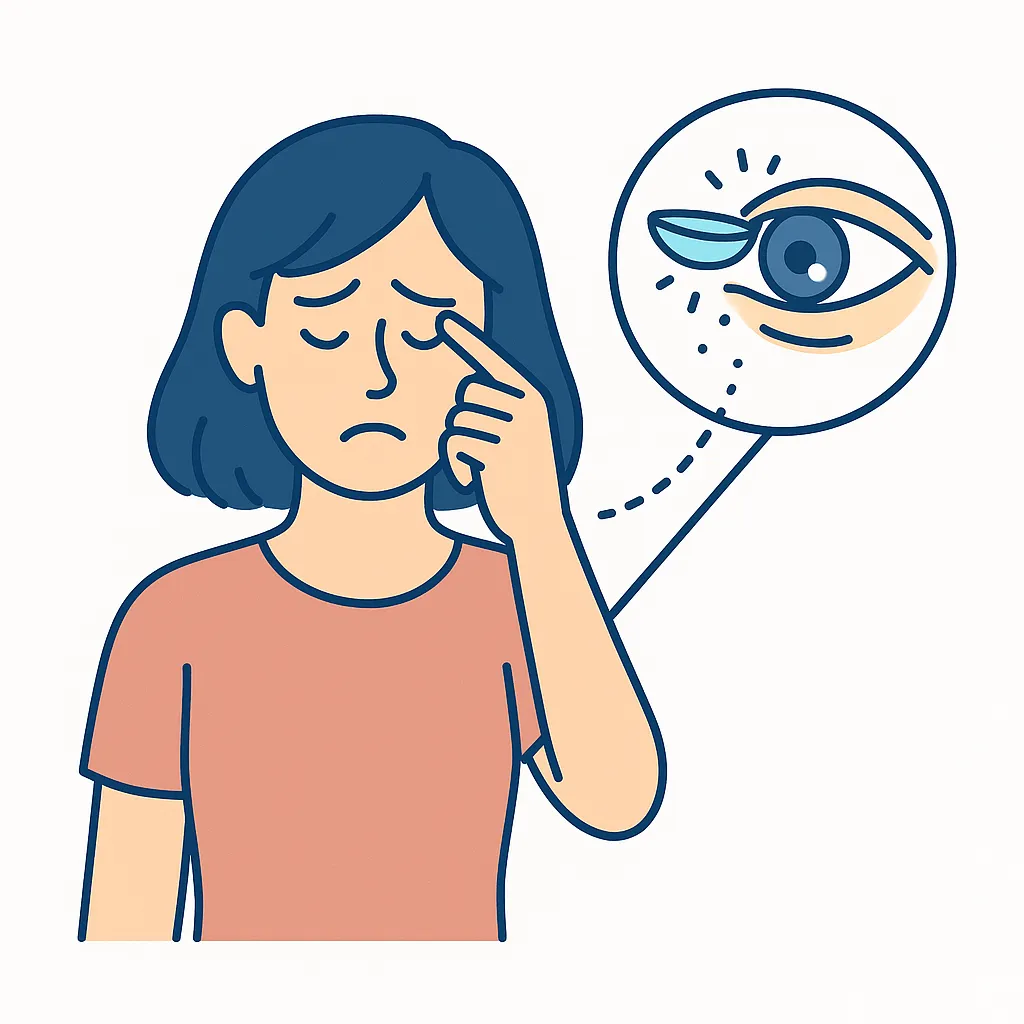Woman rubbing her eye with an inset showing a contact lens causing irritation, reminding wearers to watch for pain, redness or blurred vision.