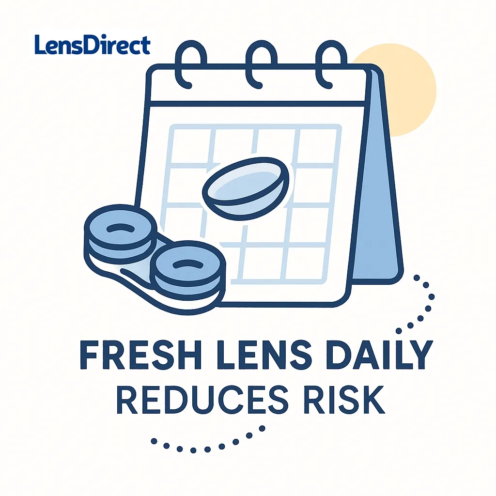 Calendar with a single contact lens and a lens case promoting daily replacement to lower infection risk.