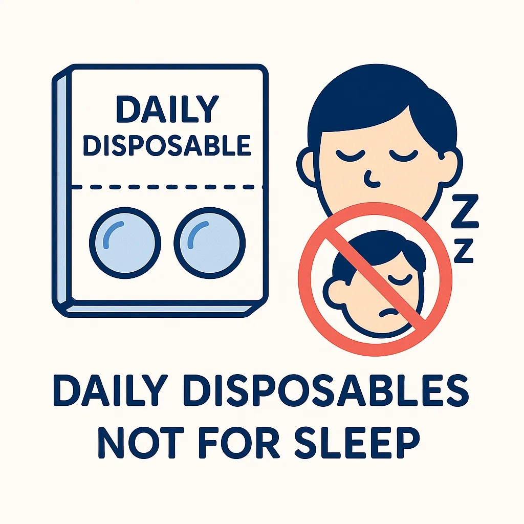 Packaging of daily disposable lenses beside a person with a crossed‑out sleeping symbol emphasizing that single‑use lenses should not be worn overnight.