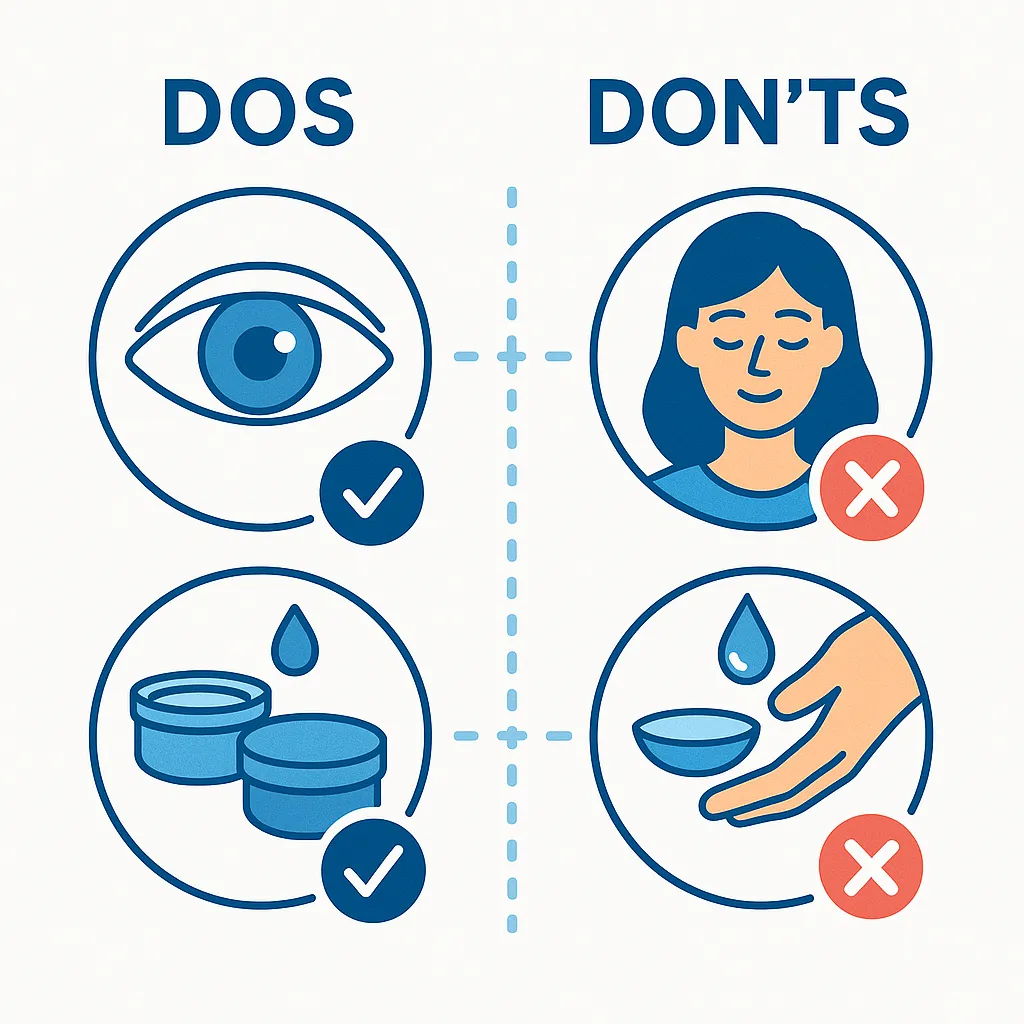 Cigarette and dirty hand icons connected to a contact lens and hazard sign highlighting that smoking and unclean hands raise complication risk.