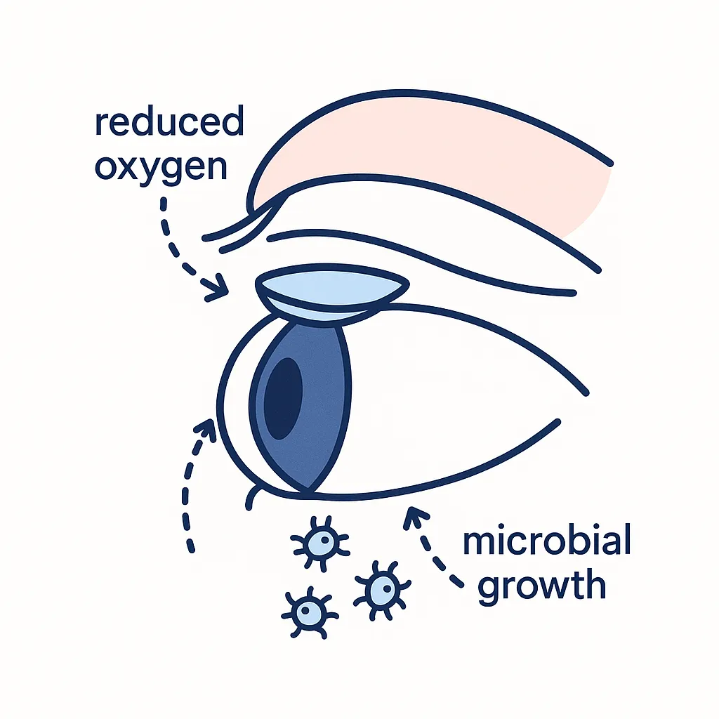 Cross‑section of an eye with a contact lens showing reduced oxygen flow and tiny bacteria surrounding the lens.