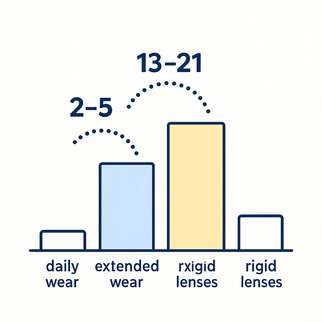 Bar chart comparing infection incidence per 10,000 wearers for daily, extended, and rigid lenses using dotted‑line connectors.