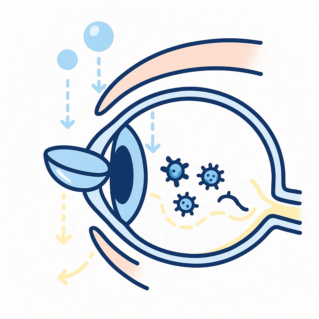Diagram of an eye wearing a contact lens with oxygen bubbles and invading microbes illustrating that high‑oxygen materials do not eliminate risk.