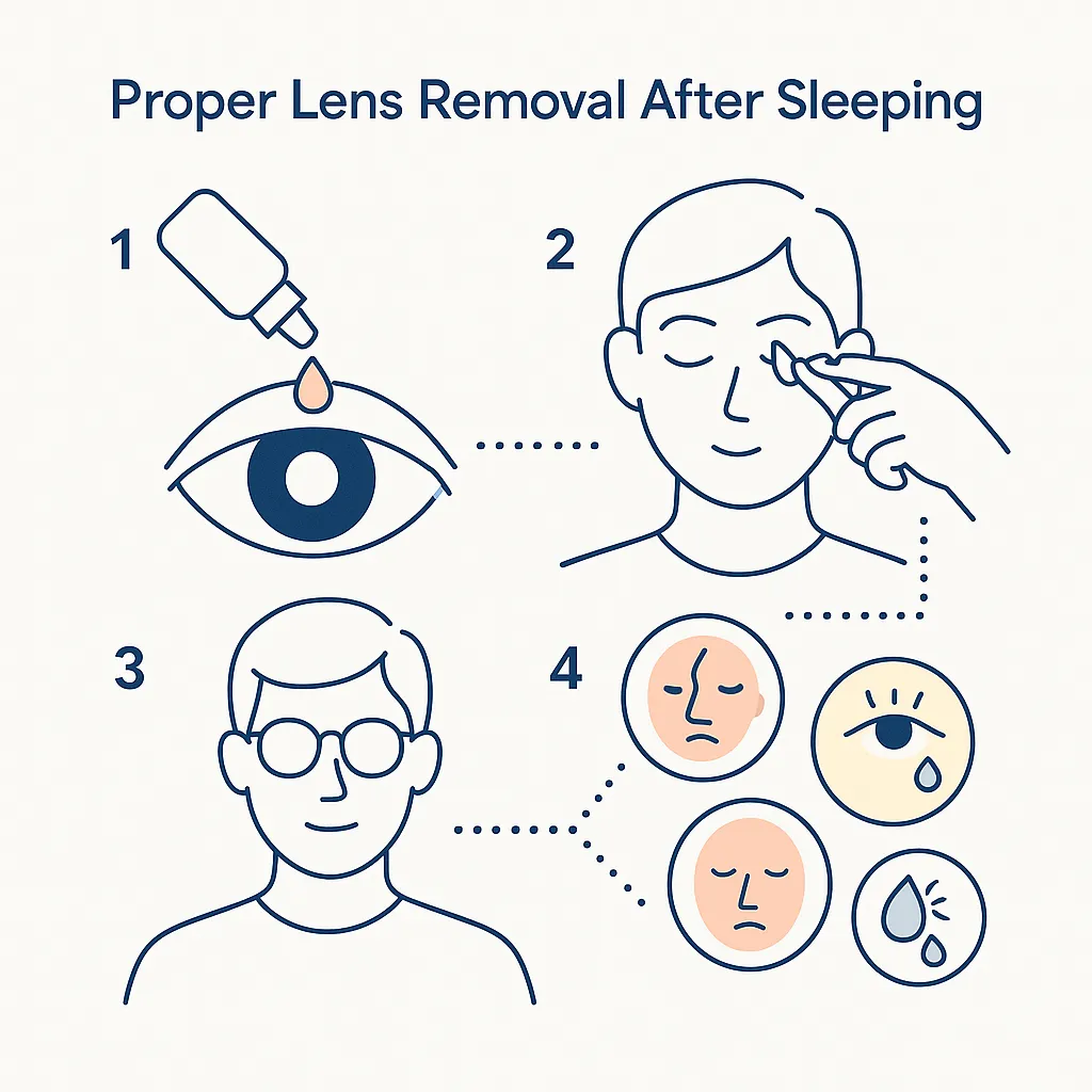 Four‑step illustration showing how to safely remove contact lenses after sleeping, switch to glasses, and monitor for symptoms.