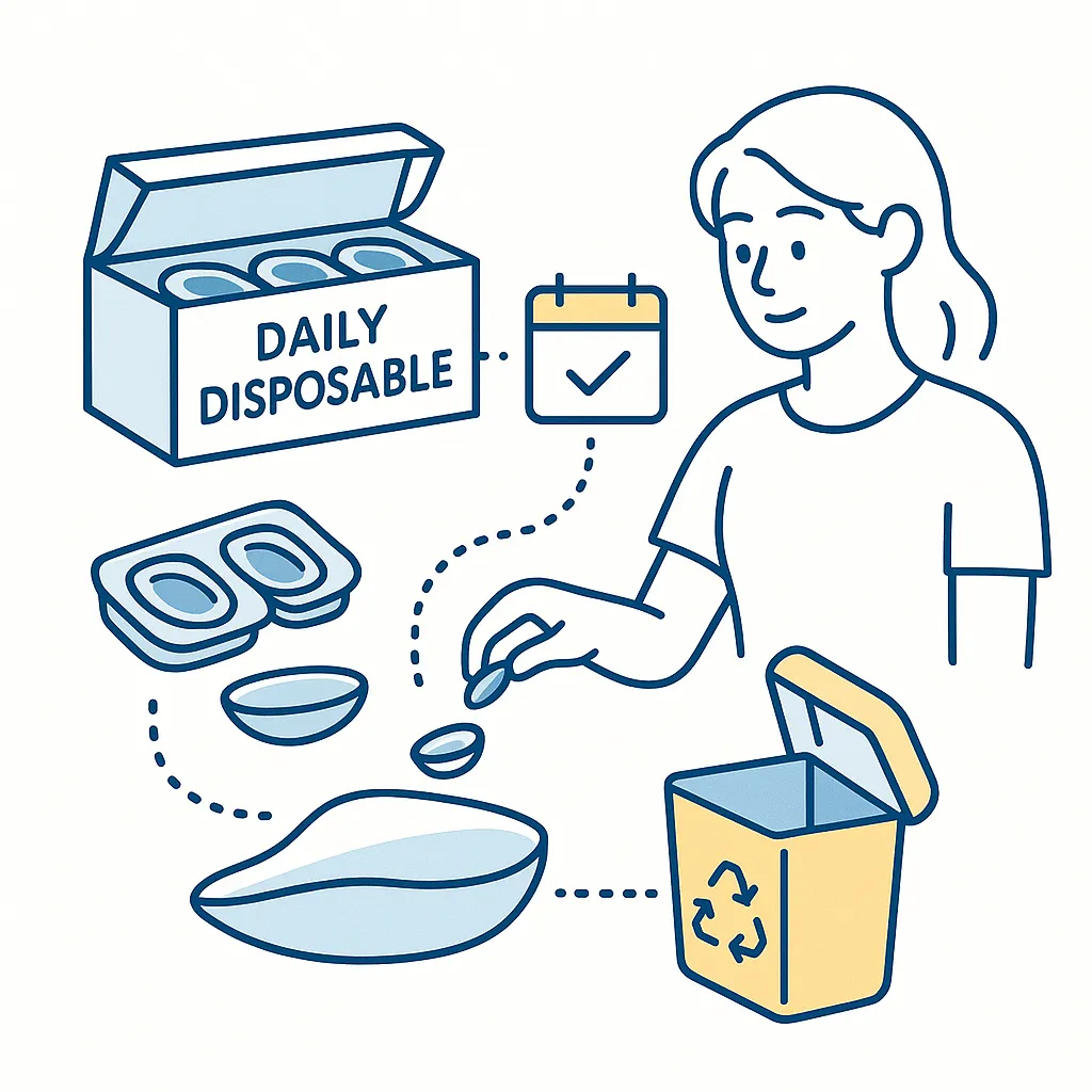 Person following a daily disposable contact lens routine with packaging, calendar, lens application and disposal connected by dotted lines.