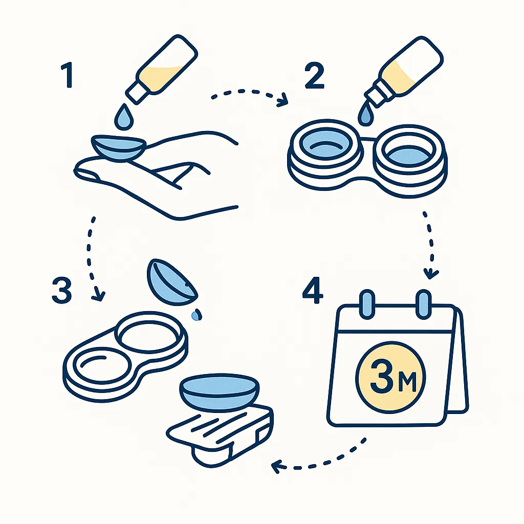 Infographic sequence illustrating cleaning reusable lenses, filling the case with fresh solution, air‑drying it and replacing it every three months.