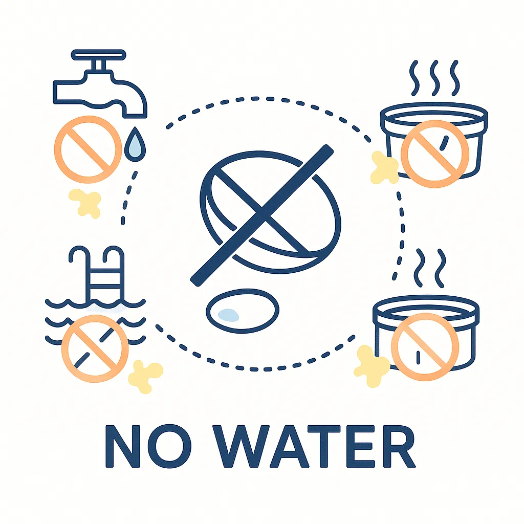 Warning illustration with a contact lens and cross‑out signs for tap water, pools and hot tubs accompanied by “No Water” text.