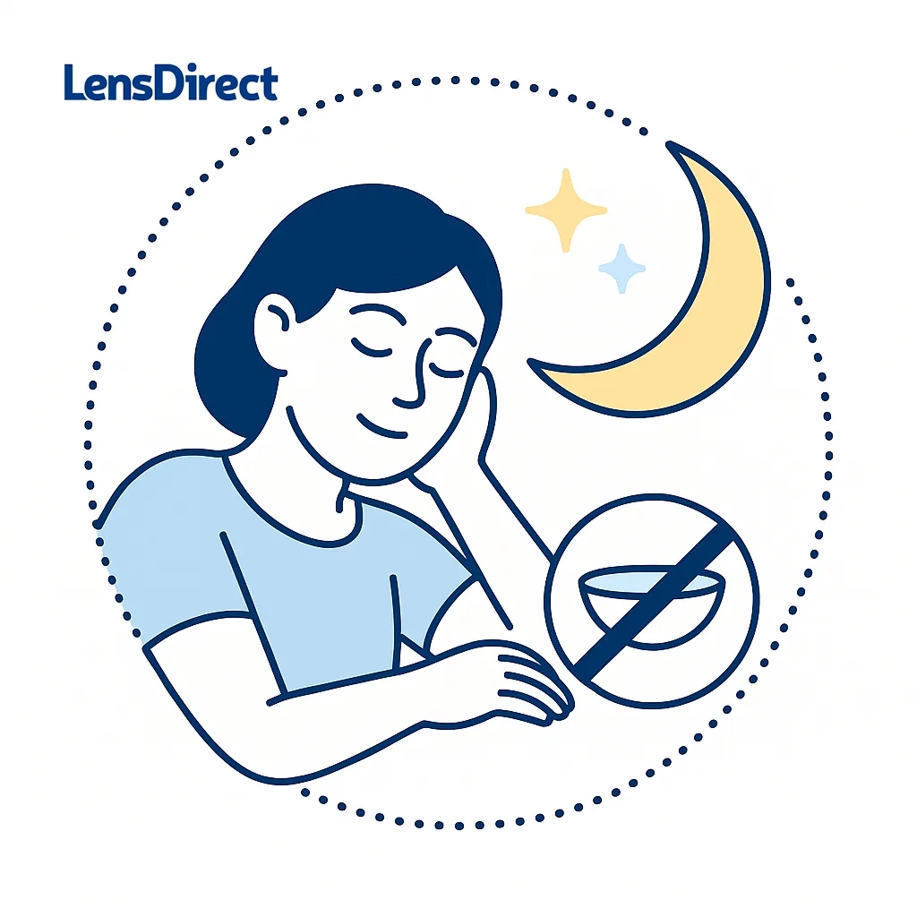 Line‑art drawing of a person sleeping under a crescent moon with a crossed‑out contact lens symbol showing that no lens material is safe for sleep.