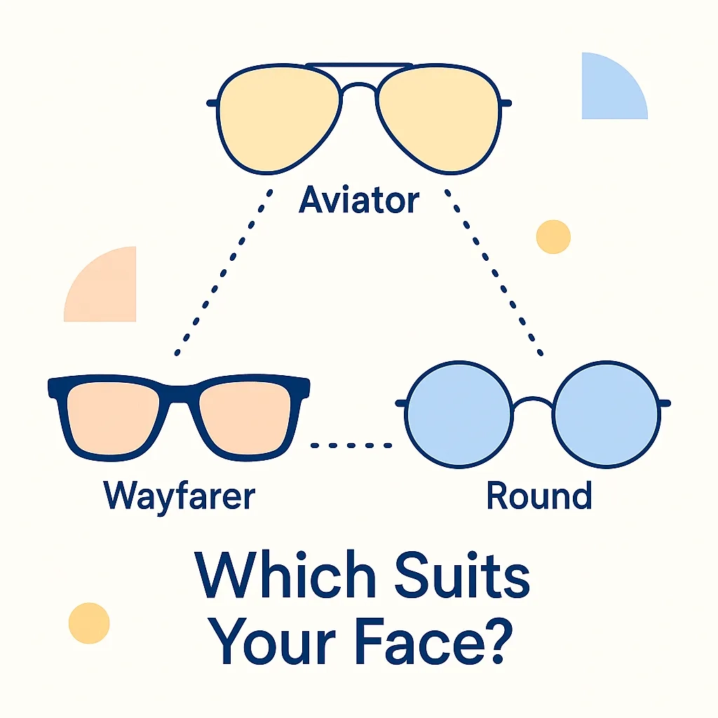 Illustration of aviator, wayfarer and round sunglasses connected by dotted lines to introduce the comparison guide.
