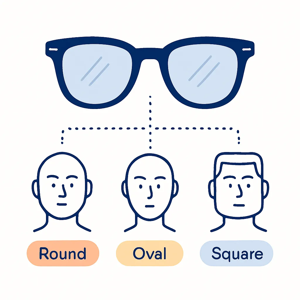 Minimal line art of wayfarer sunglasses with bold frame and text describing structured confident vibe.