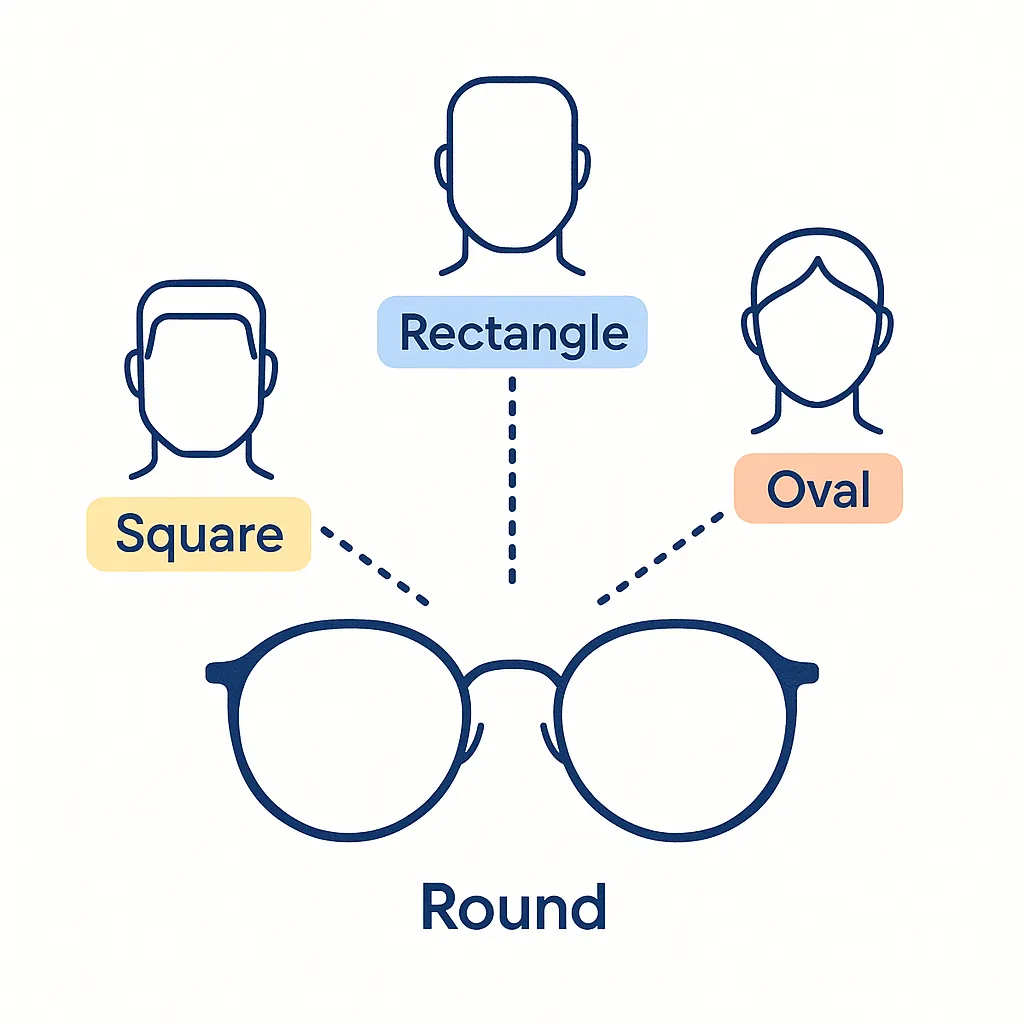 Illustration of round sunglasses labeled artistic with dotted accents emphasizing creativity.