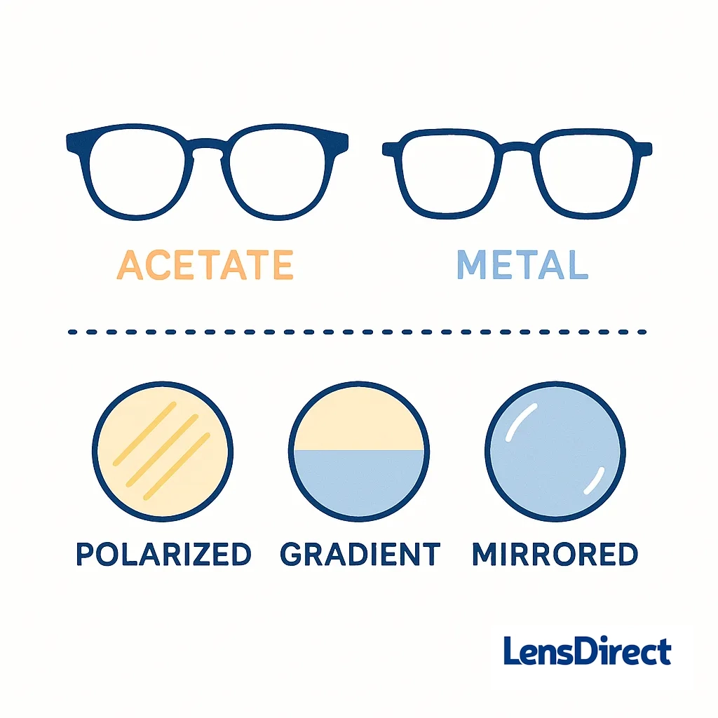 Infographic showing options for round glasses including metal or acetate frames keyhole bridge and colored tints.