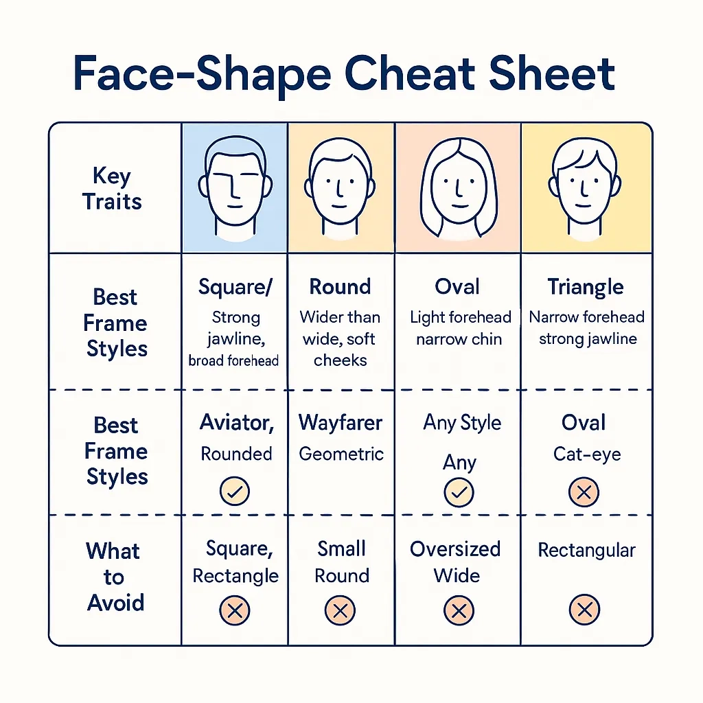 Chart pairing aviator wayfarer and round styles with suitable face shapes and highlighting when to avoid each.