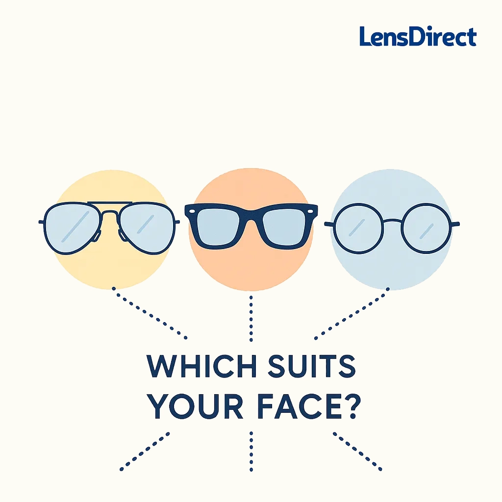 Illustration comparing aviator wayfarer and round sunglasses connected by dotted lines on pastel shapes.