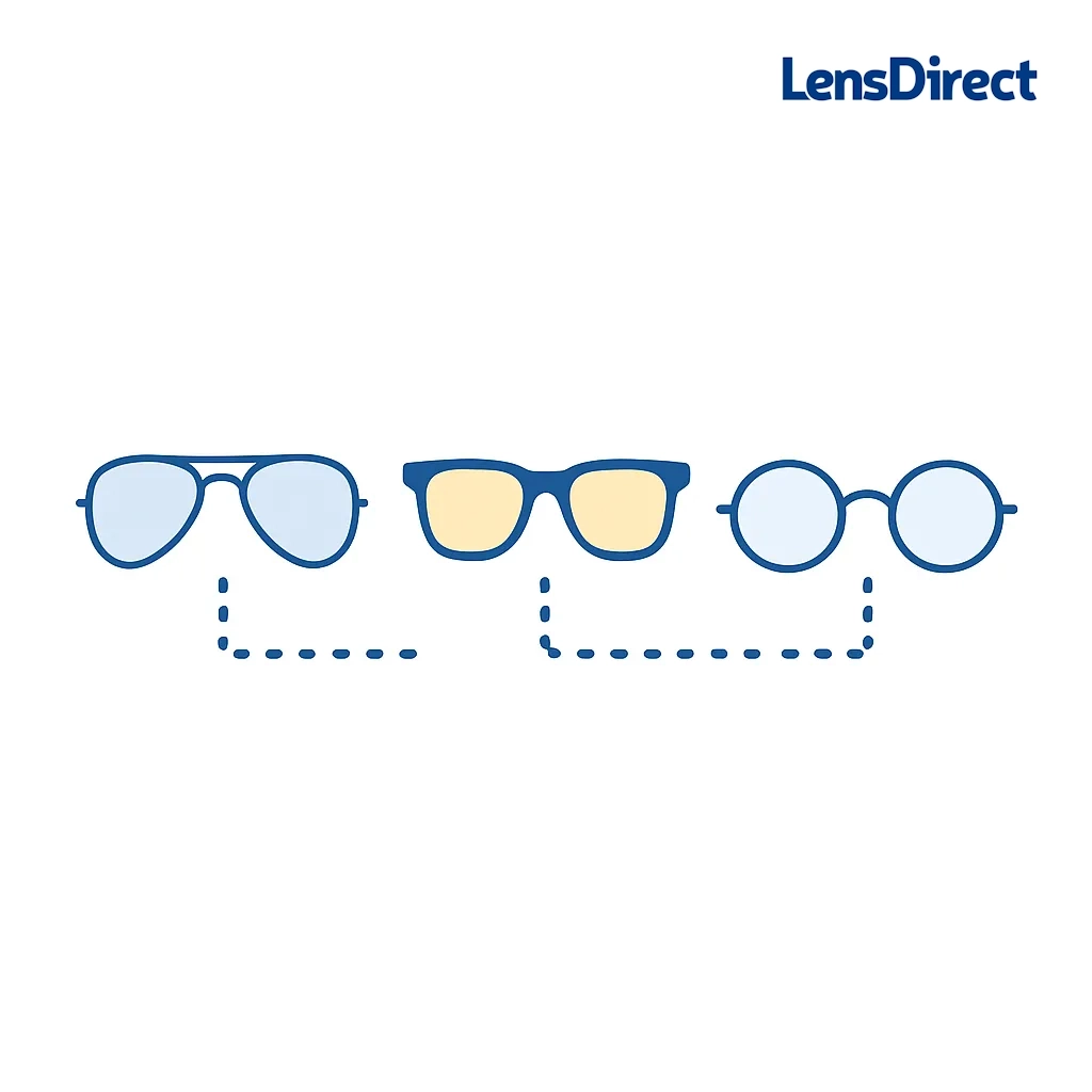 Horizontal arrangement of aviator wayfarer and round glasses linked by dotted lines.
