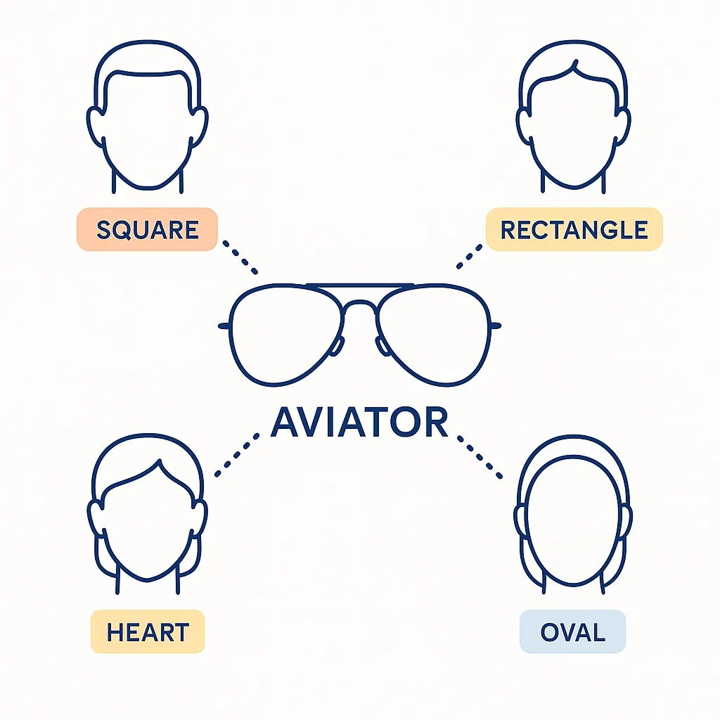 Minimal illustration of aviator sunglasses with teardrop lenses, double bridge and dotted accents.