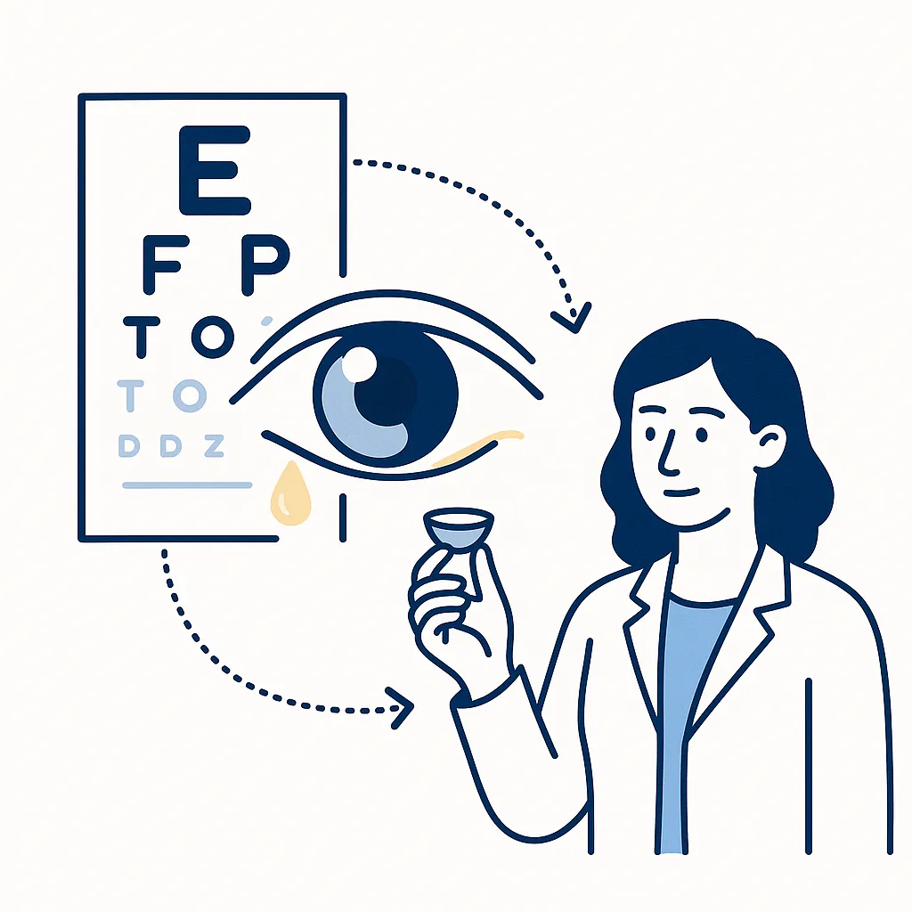 Illustration of an eye exam with an optometrist showing how an updated prescription can fix blurry contacts.