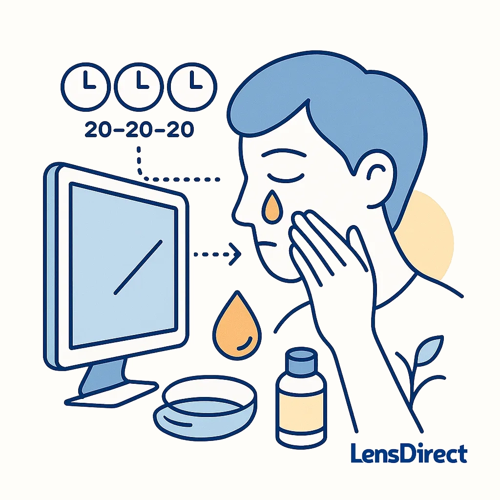 Person at a laptop with tearful eyes and 20‑20‑20 rule icons reminds users to blink and rest to prevent digital eye strain.