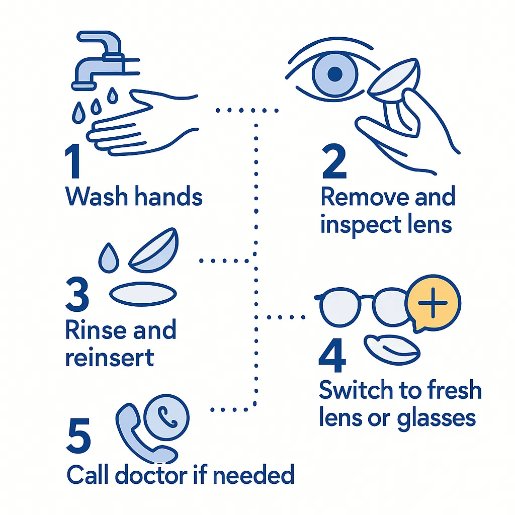 Central eye graphic surrounded by abstract icons symbolizes keratoconus, dystrophies, cataracts and other conditions causing blurry contacts.