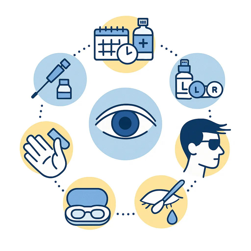 Circular infographic with icons for replacing lenses, upgrading care, blinking, protecting from dust, eyelid hygiene and carrying backups.