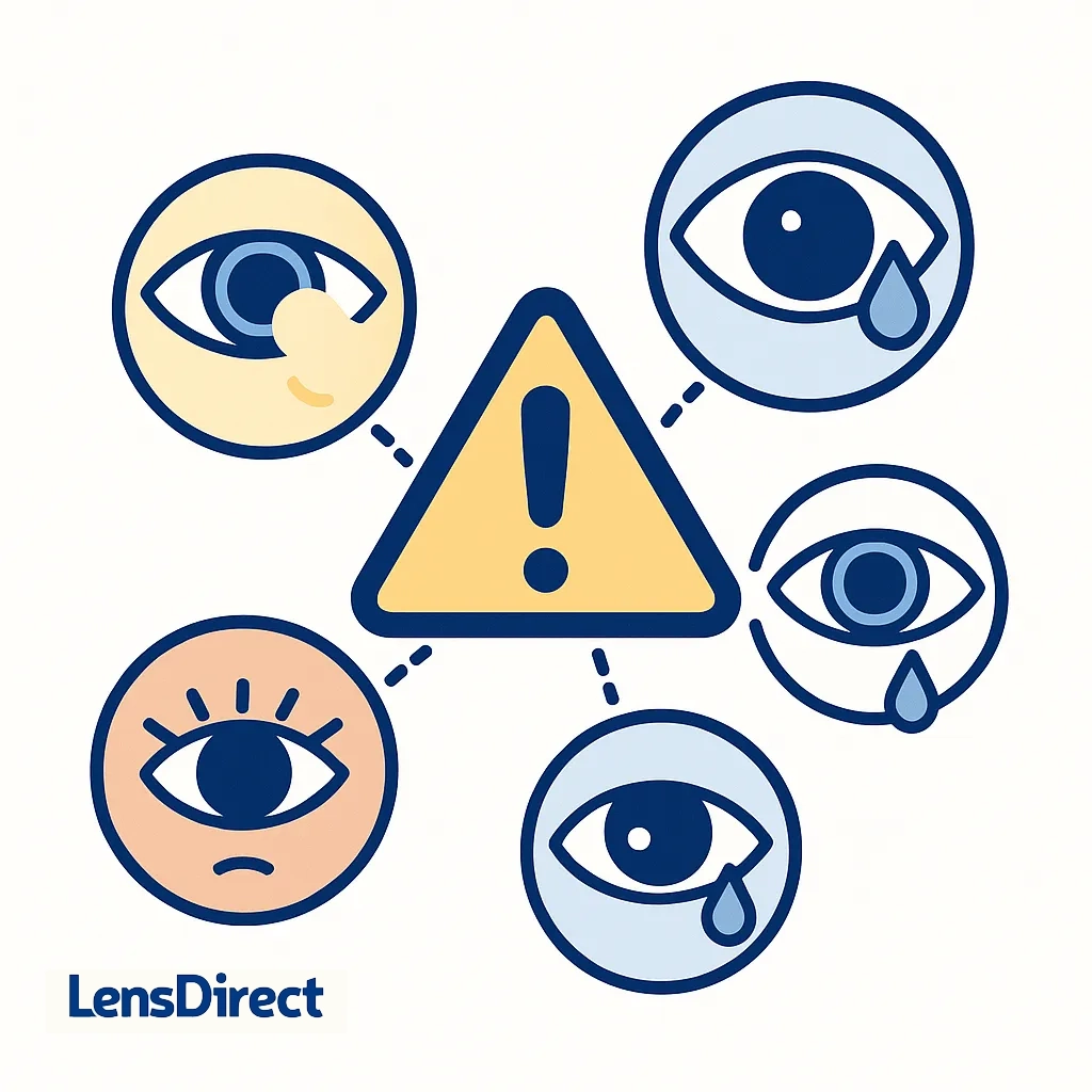 Warning triangle surrounded by eyes showing pain, tears and irritation signals when to stop wearing contacts and call an eye doctor.