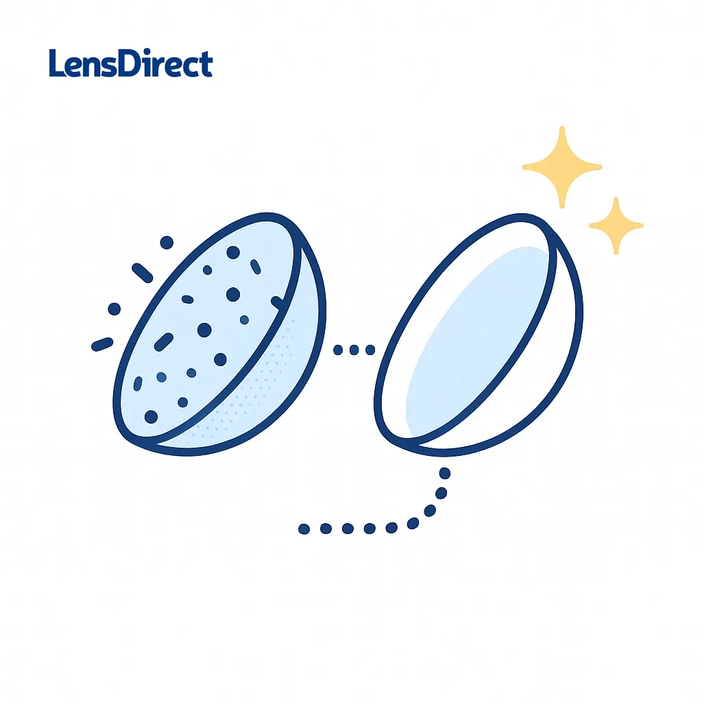Two‑panel line art showing a dirty contact lens with deposits and a sparkling clean lens to illustrate the importance of cleaning.