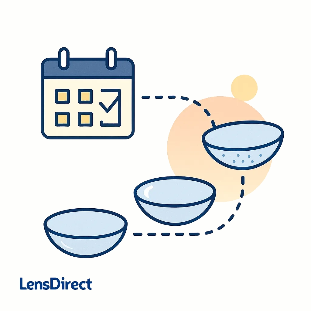 Minimalist graphic of a cracked contact lens with wind and heater icons highlighting dryness as a cause of blurred contact lenses.