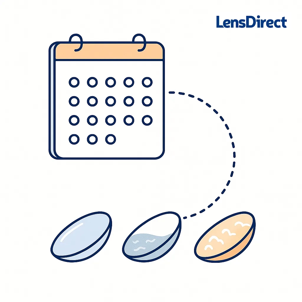 Calendar and contact lenses showing how overwearing lenses leads to cloudiness and why you should follow the replacement schedule.