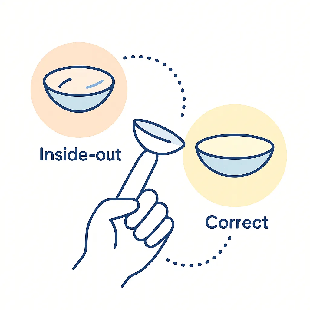 Split illustration comparing an inside‑out contact lens to a correctly oriented lens to help users insert lenses properly.
