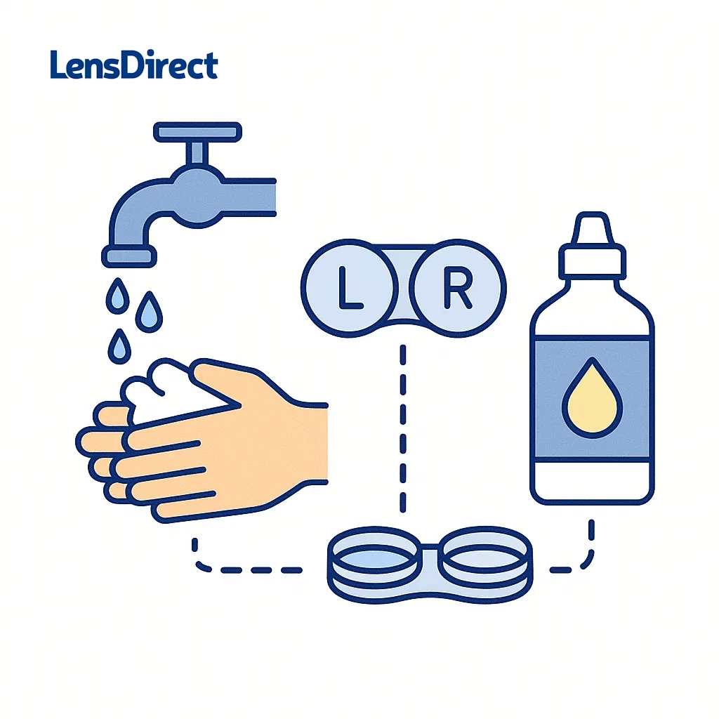 Sequence of icons shows hand washing, contact lens case, and fresh solution emphasizing hygiene for clear contacts.