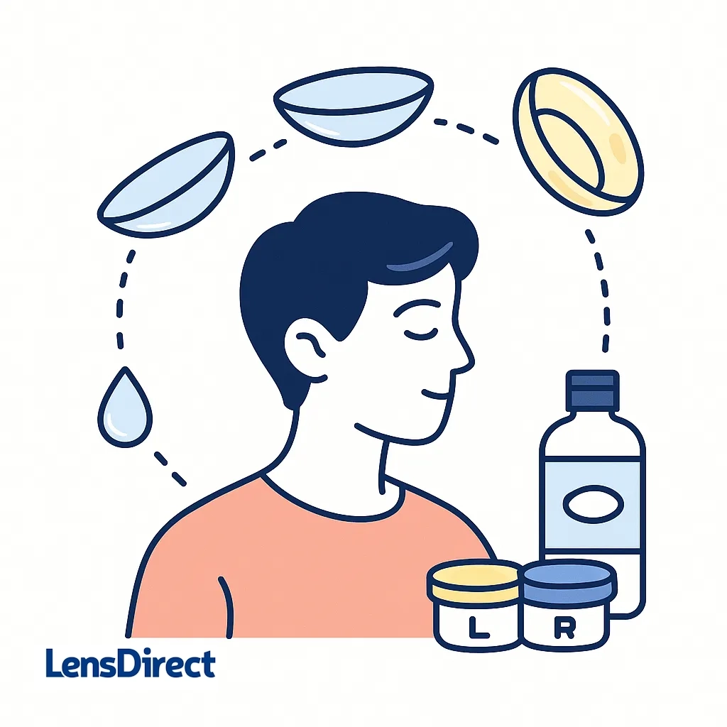 An irritated pair of eyes surrounded by pollen and virus symbols conveys how allergies and infections blur contact lenses.