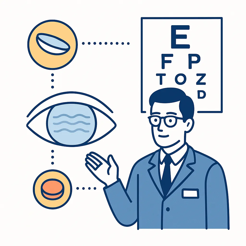 Woman holding a contact lens with three different lenses floating above her head depicting adaptation to new lens types.