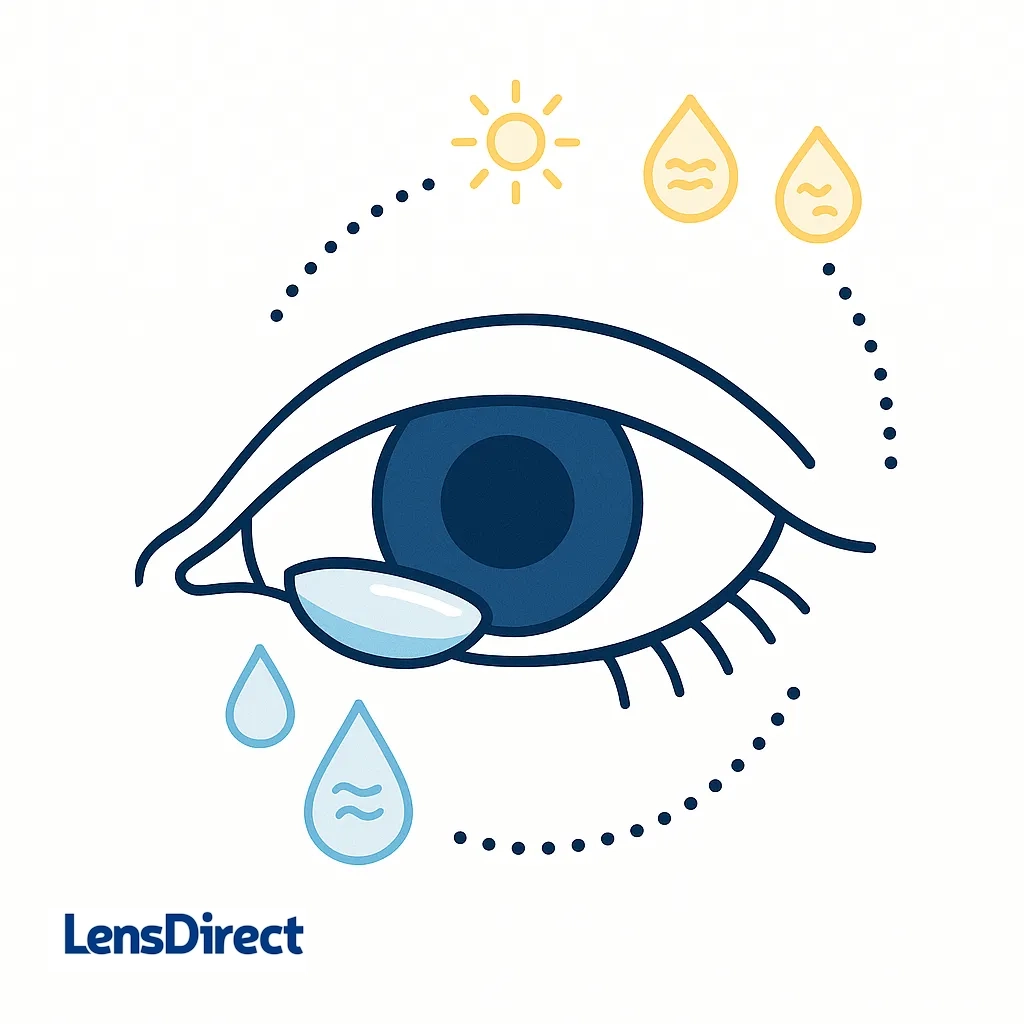 An eye with a contact lens shows dryness and evaporating tear drops to illustrate how cold and flu season causes dry eyes.