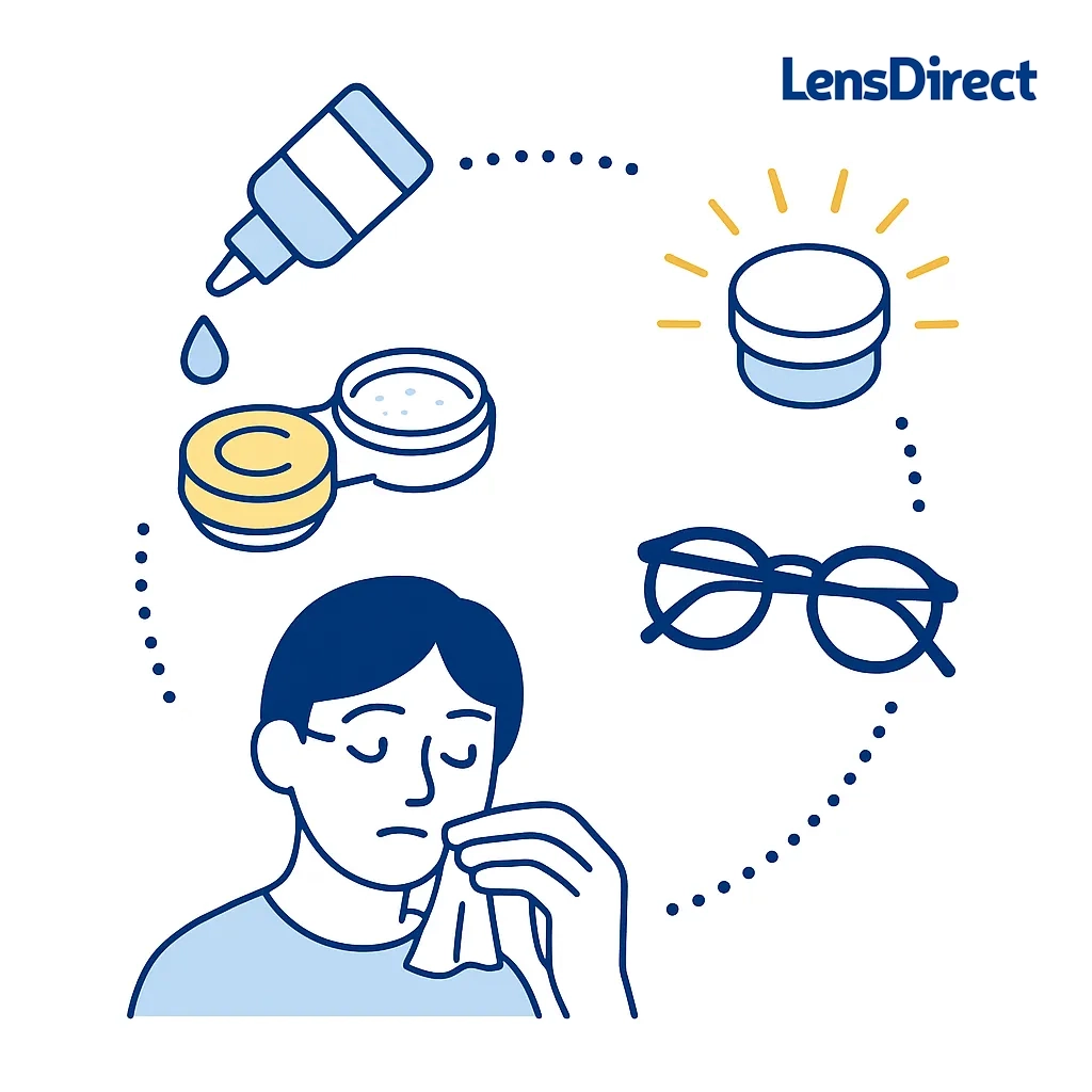 A contact lens case being topped off with solution is marked wrong while a bottle fills a clean case correctly with fresh solution.