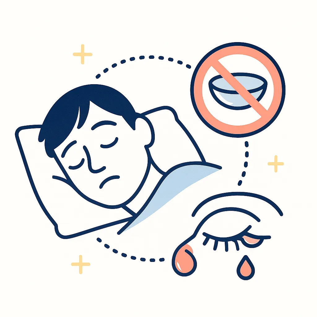 A calendar with lens icons illustrates the importance of changing contact lenses on time to prevent overwear and deposits.