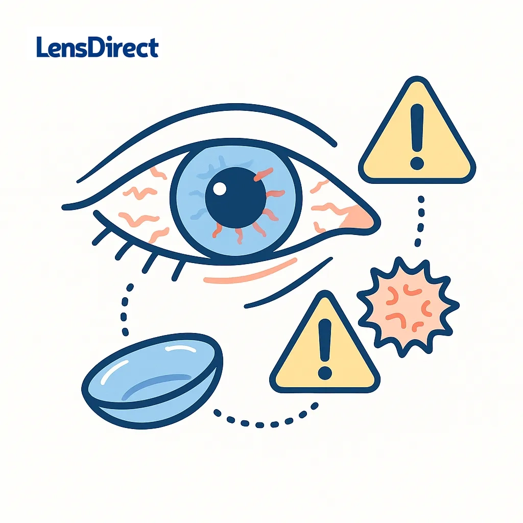 A red, irritated eye with an exclamation mark warns you to remove lenses and see a doctor at the first sign of infection.