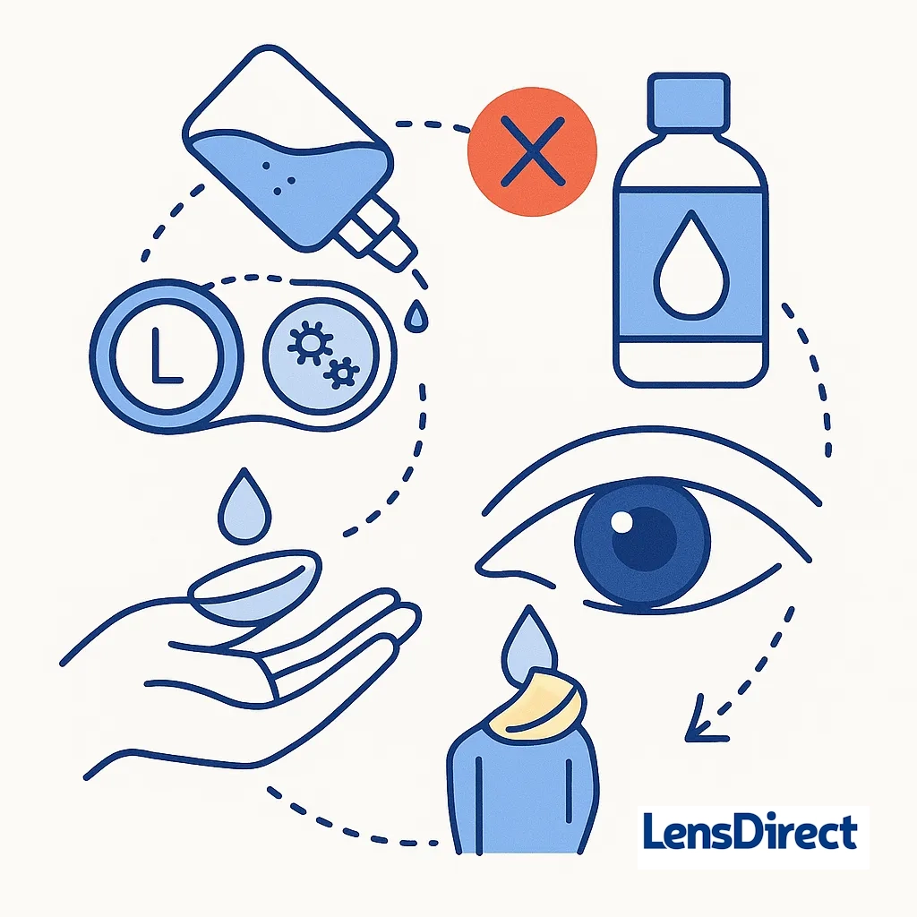 A lens case is scrubbed clean while glasses lie nearby, reminding users to maintain cases and wear glasses for eye rest.