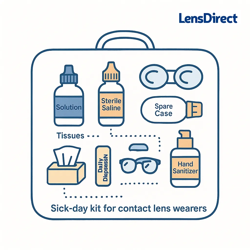 A kit with solution, saline, spare case, daily lenses, glasses, tissues, and sanitizer prepares contact lens wearers for illness.