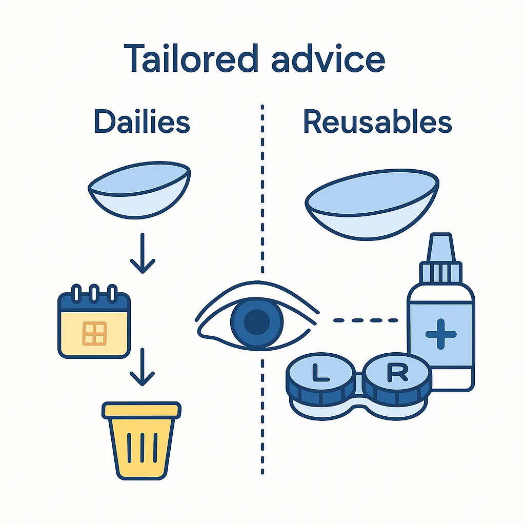 A red, painful eye with a phone icon indicates when to stop wearing contacts and seek medical help for serious symptoms.