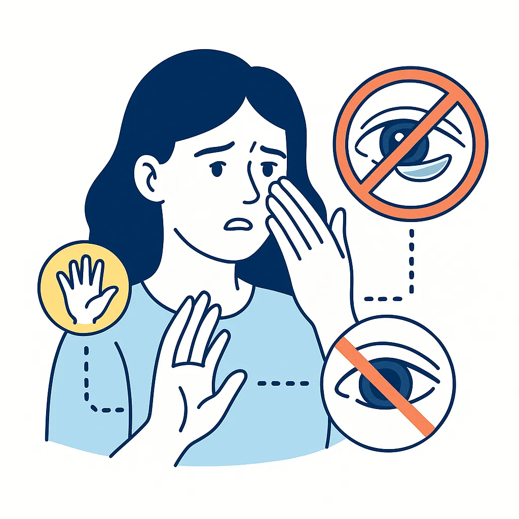 A contact lens–wearing eye behind a broken shield as germs approach, signifying weakened eye defenses when you are sick.