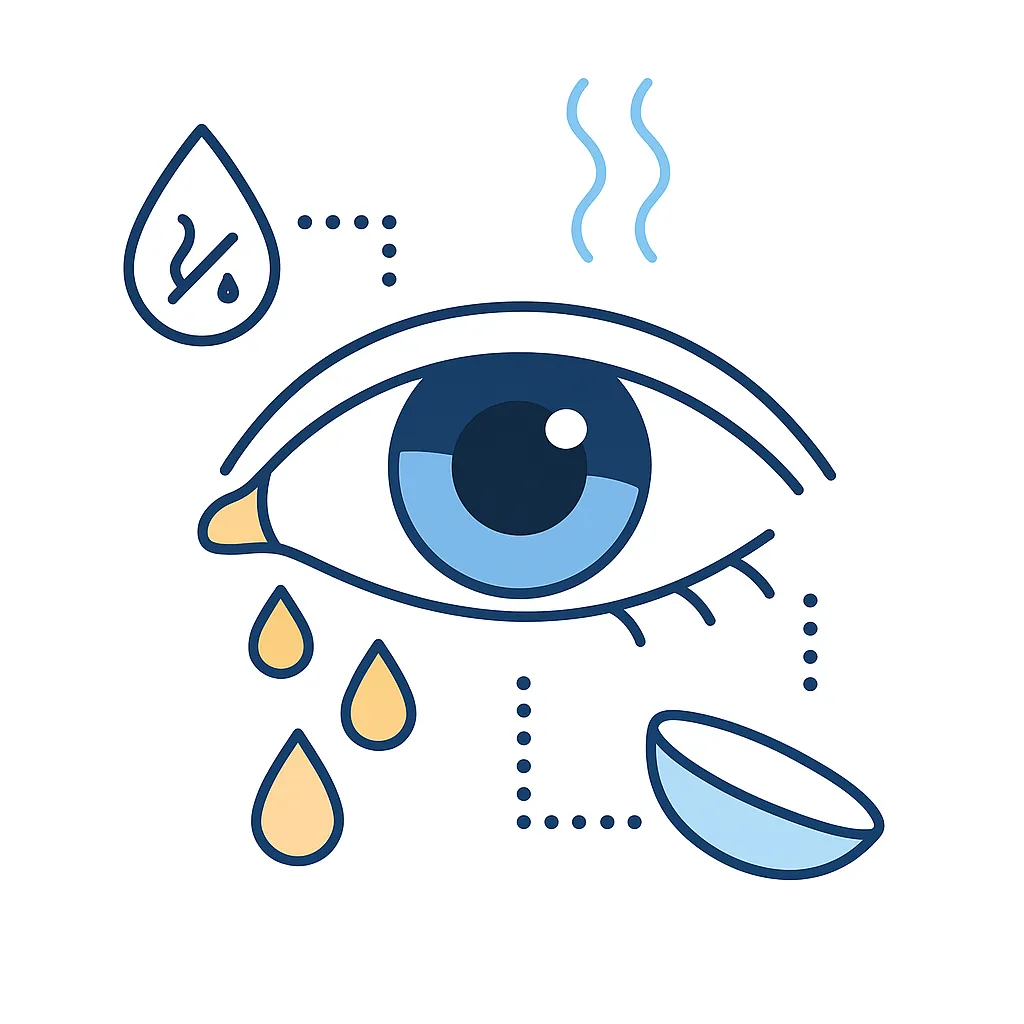 A sick person with tissues opts for glasses instead of contacts, emphasizing the need to pause lens wear during illness.